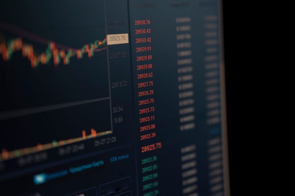 About Close-up of a computer screen showing dynamic financial market data and charts, indicating real-time trading updates.